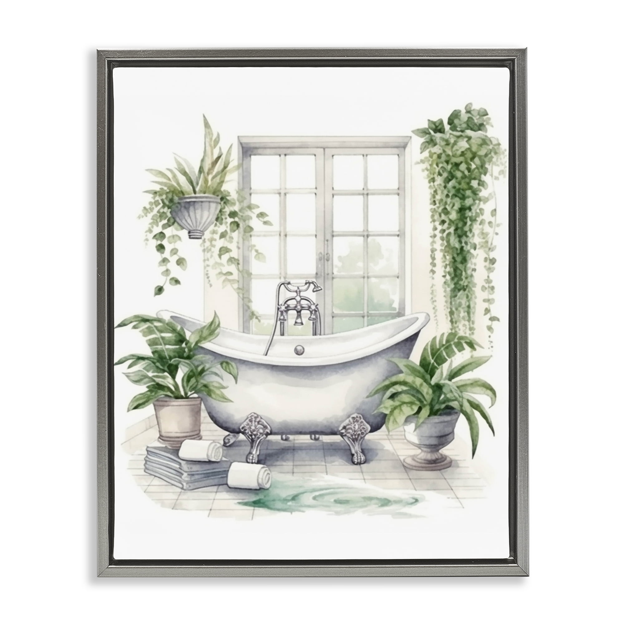 Lush Greenery Bathtub & Window Gray Framed Floater Canvas Wall Art, design by Lettered and Lined