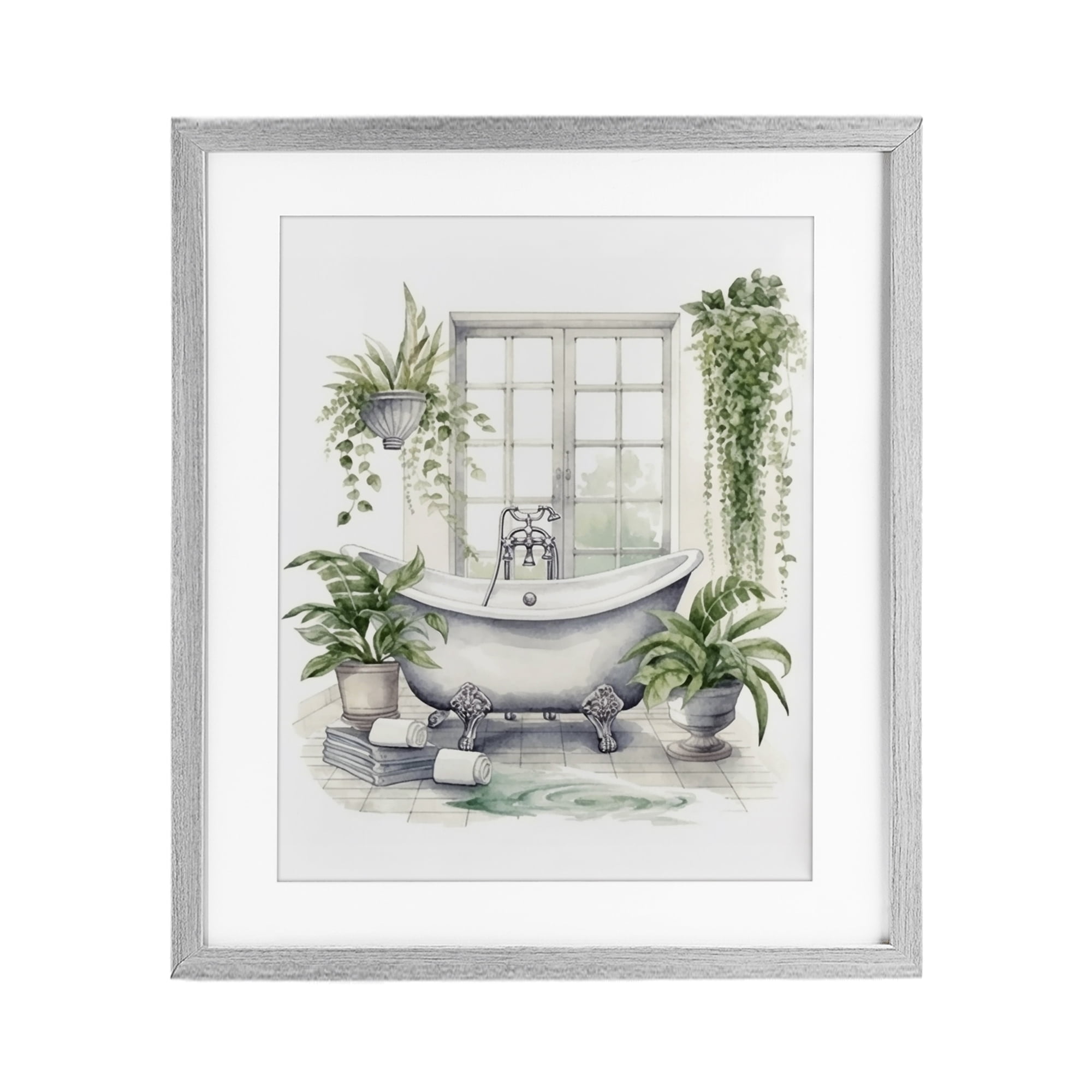 Lush Greenery Bathtub & Window Gray Framed Print Under Glass, design by Lettered and Lined