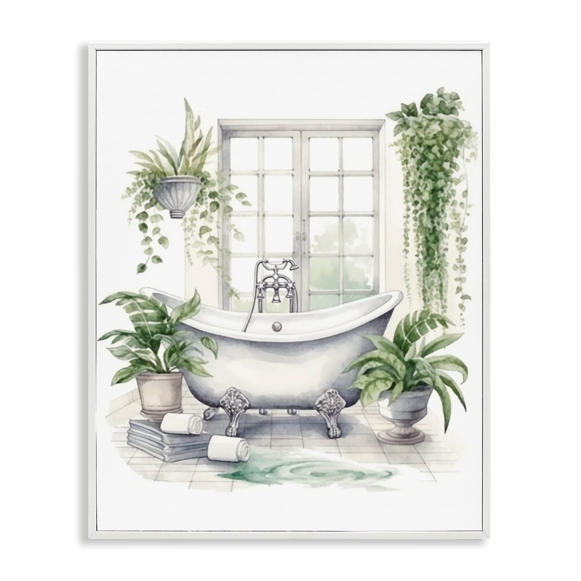 Lush Greenery Bathtub & Window White Framed Giclee Art, design by Lettered and Lined