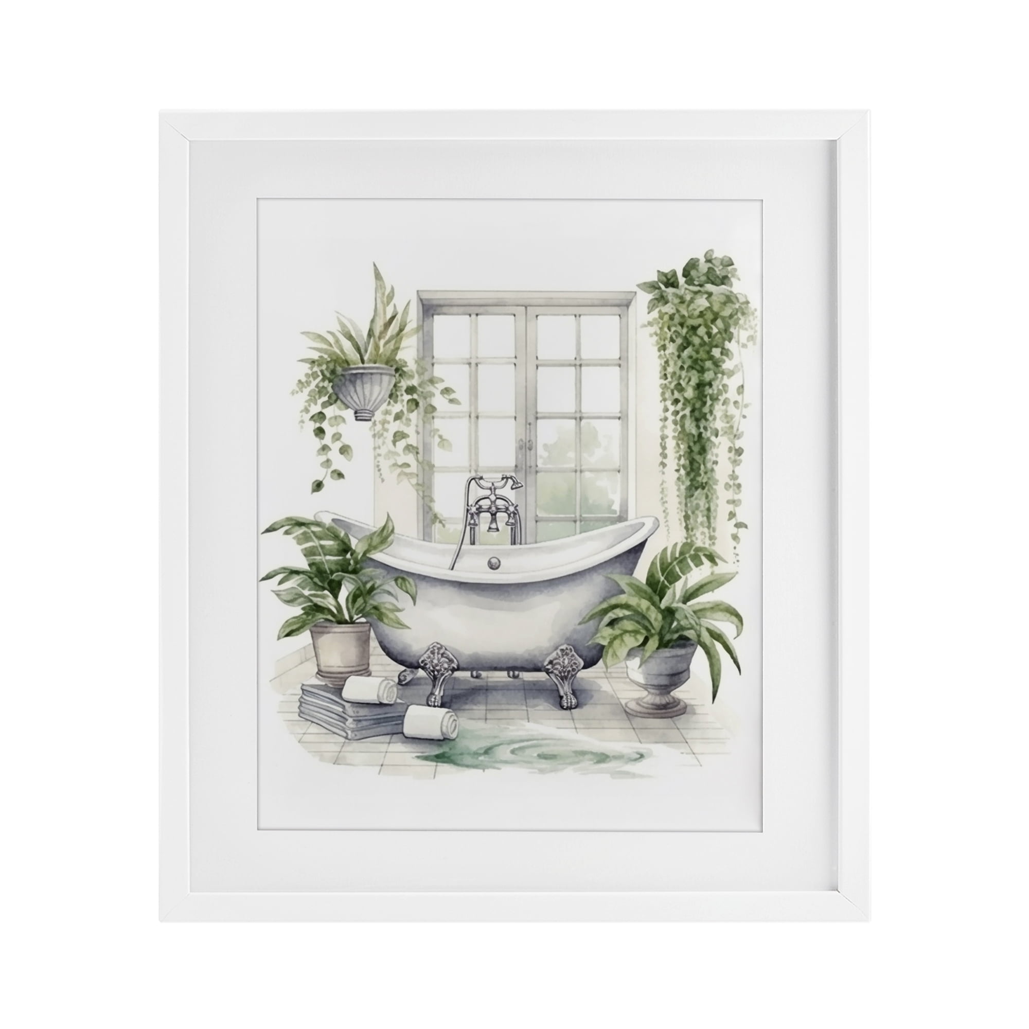 Lush Greenery Bathtub & Window White Framed Print Under Glass, design by Lettered and Lined