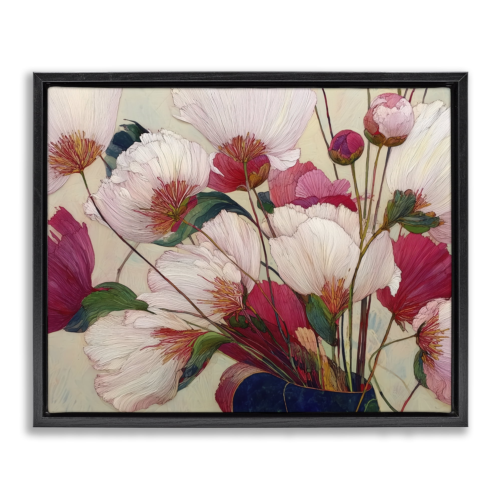 Lush Haiku Pink & White Flowers Black Framed Floater Canvas Wall Art, design by Annabelle Hall