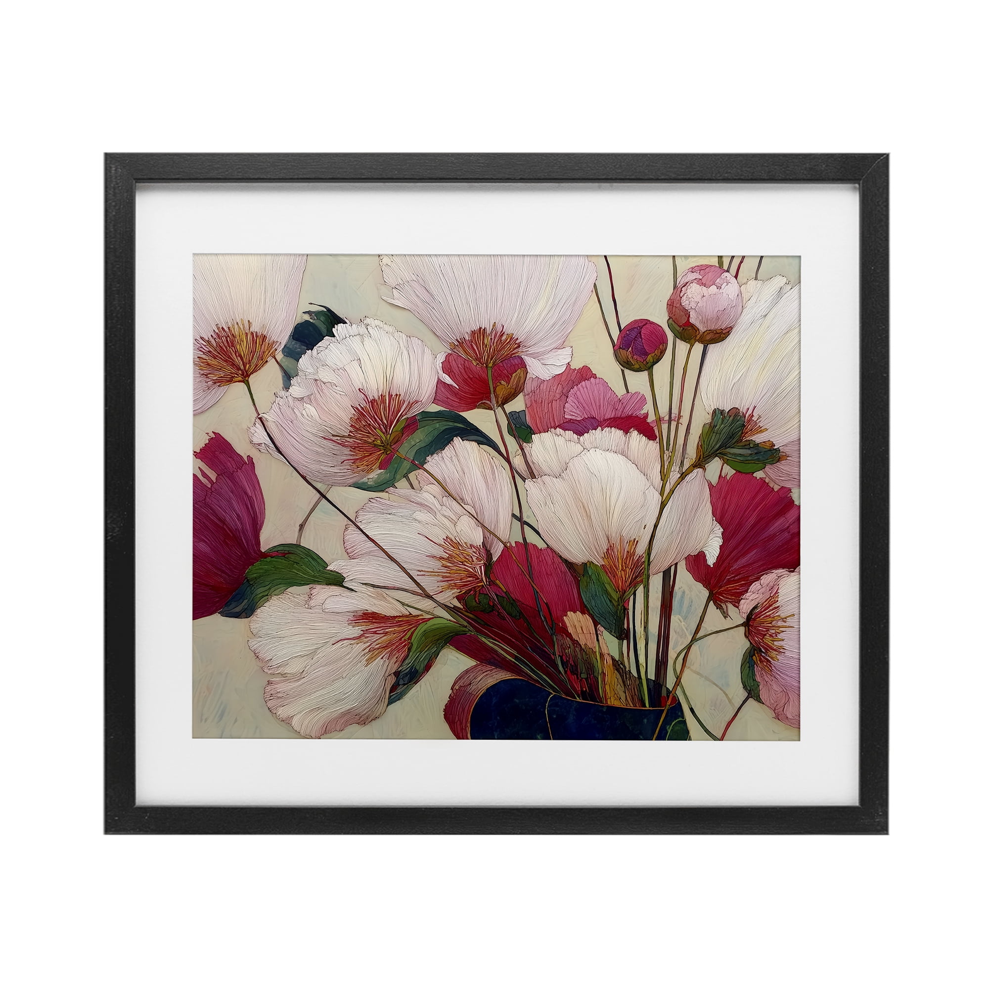 Lush Haiku Pink & White Flowers Black Framed Print Under Glass, design by Annabelle Hall