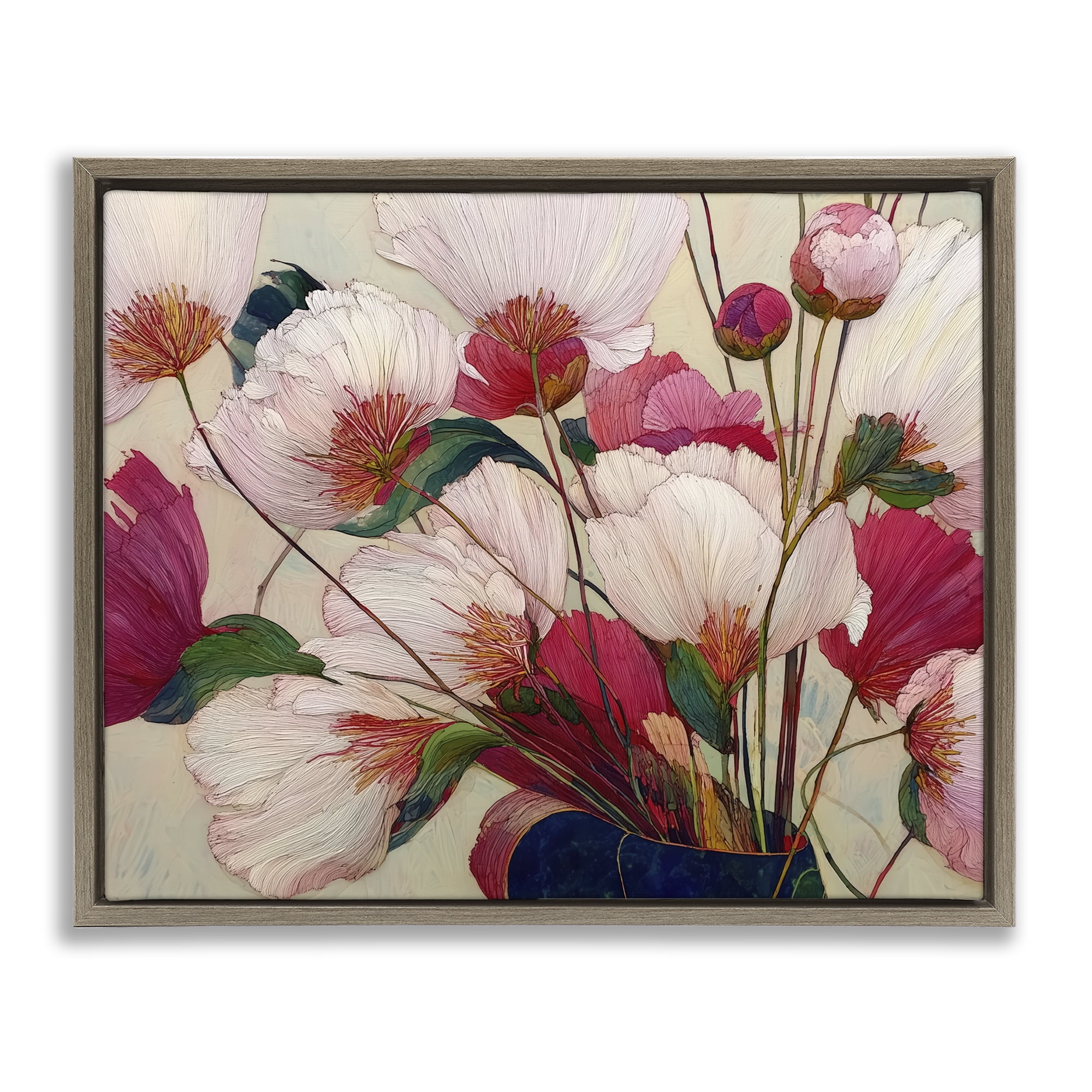 Lush Haiku Pink & White Flowers Brown Framed Floater Canvas Wall Art, design by Annabelle Hall