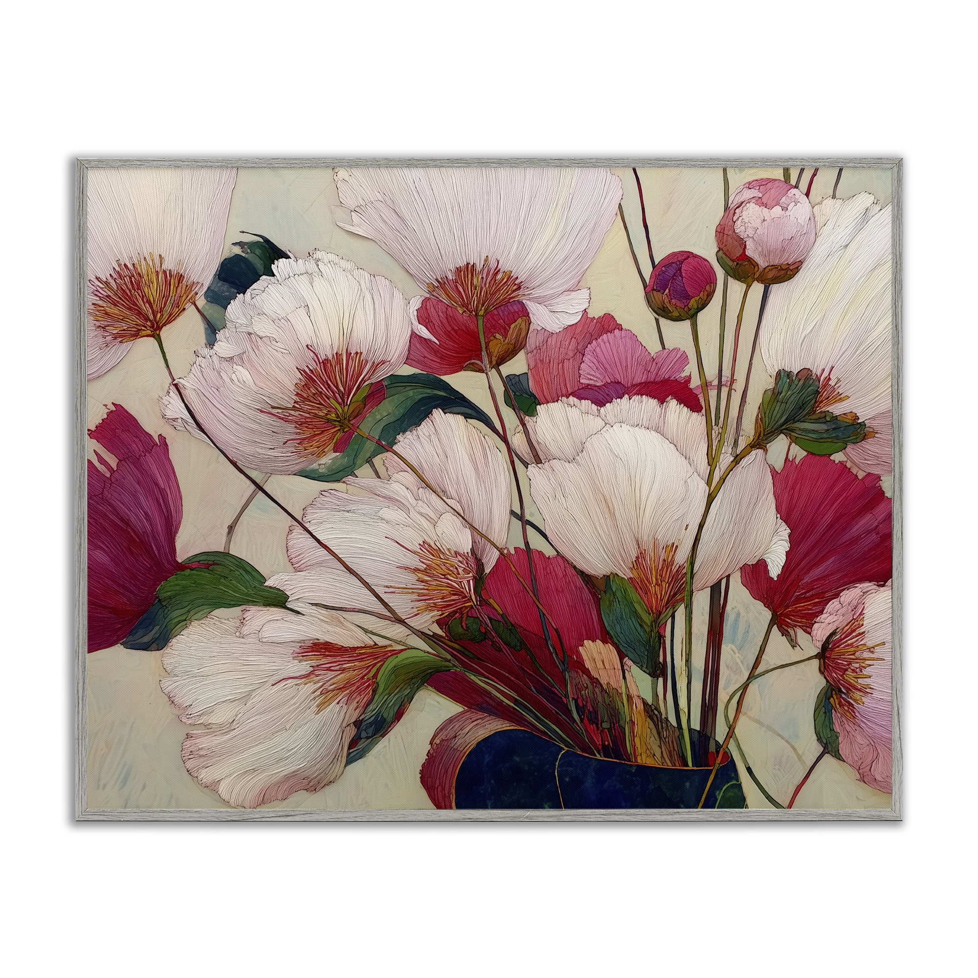 Lush Haiku Pink & White Flowers Gray Framed Giclee Art, design by Annabelle Hall