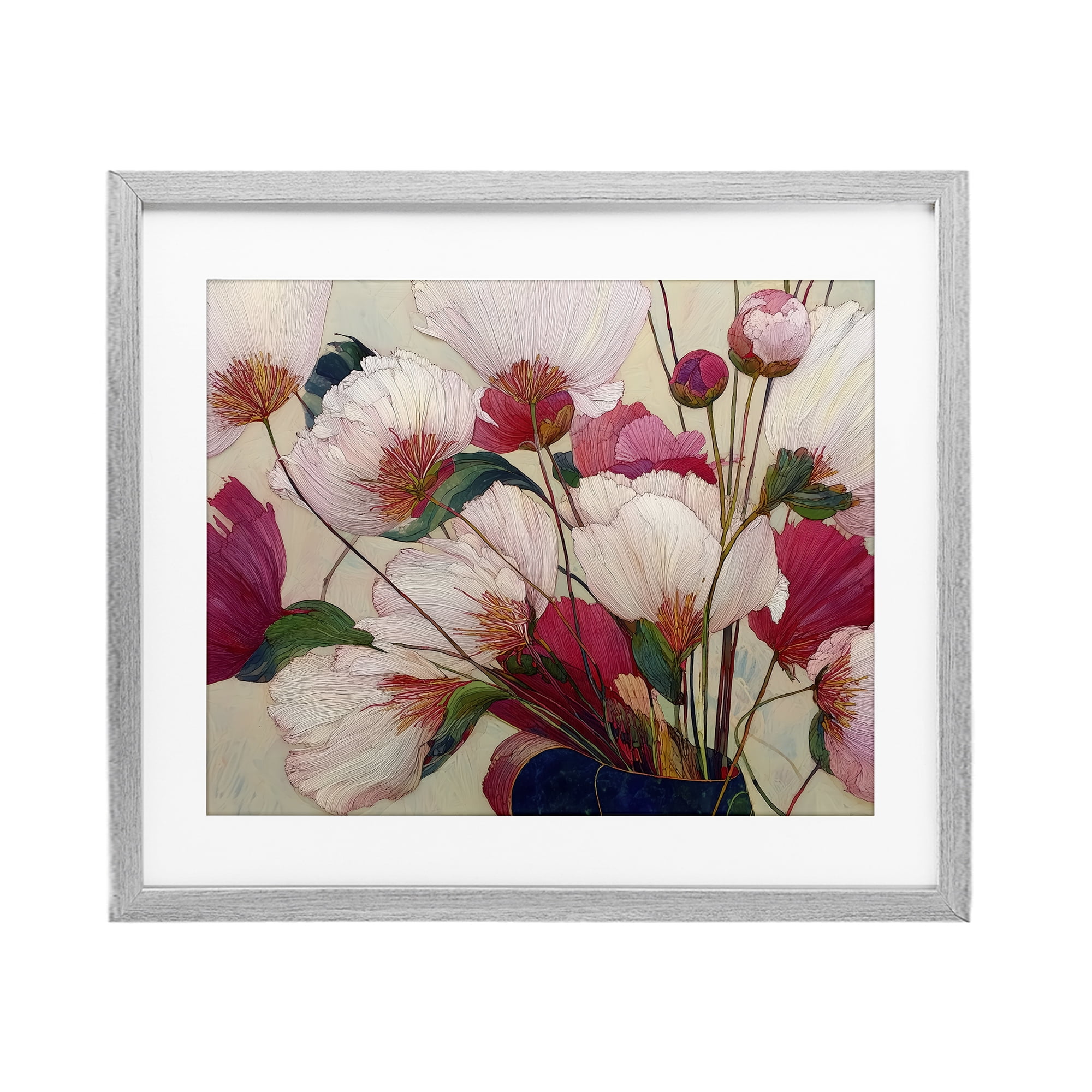 Lush Haiku Pink & White Flowers Gray Framed Print Under Glass, design by Annabelle Hall