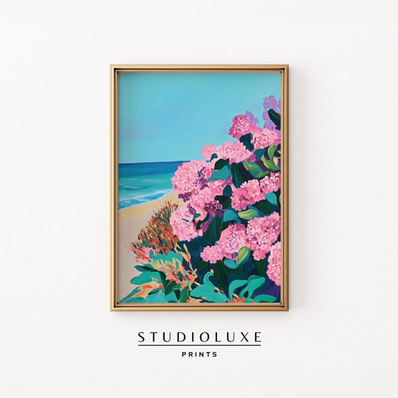 Lush Hydrangea Sandy Shore Coastal Poster Unframed Paper Print