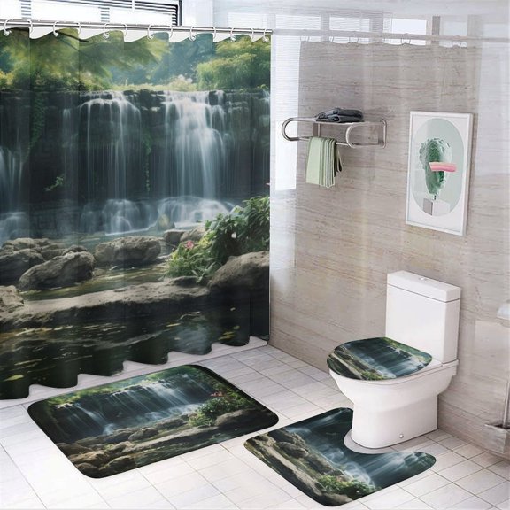 Lush Jungle Waterfall Shower Curtain Waterproof Bathroom Curtain Set with Hooks Home Decor Bathroom Curtains