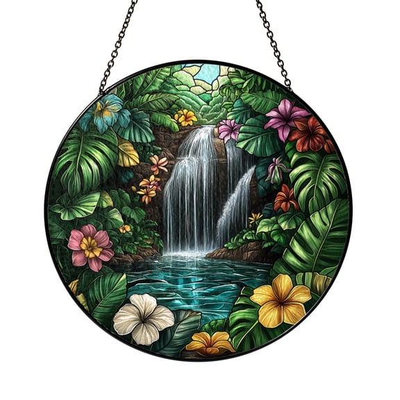 Lush Jungle Waterfall Stained Glass Suncatcher, Tropical Forest Window Hanging Decor, Nature Landscape Art Panel, Floral and Water Decorative Glass Style, Gift for Nature Lovers Home Decor