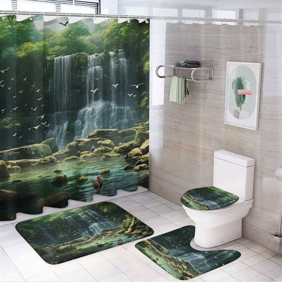 Lush Jungle Waterfall with Birds 4pcs Shower Curtain Decoration ,modern Home Decoration, Waterproof Shower Curtain
