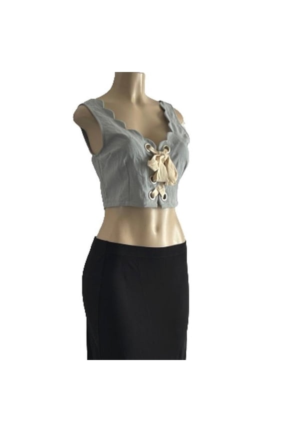 Lace-Up Front Scalloped Neckline Sleeveless Cotton Blend Cropped Tops (Large)