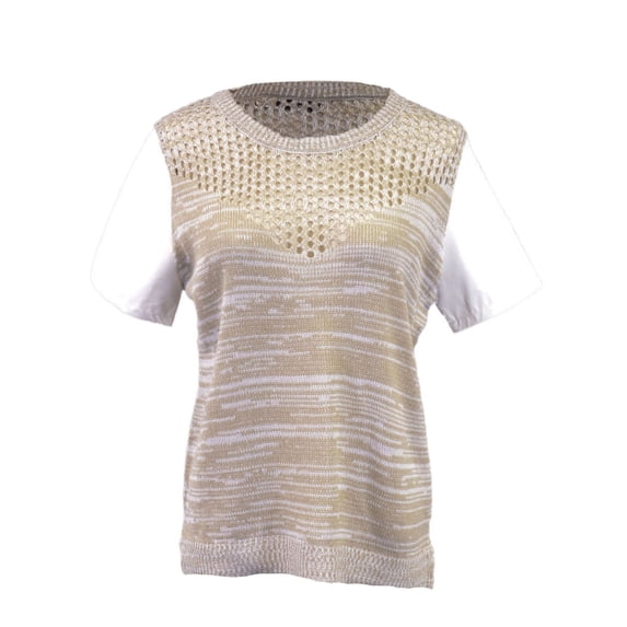 Lush Lightweight Short Sleeve Knit With Open Stitch Top Faux Leather Sleeves