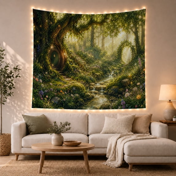 Lush Magical Forest with Glowing Archway and Hobbit Door, Mystical Fantasy for Nature Lovers, Enchanted Wall Art Decor, Housewarming Gift Tapestry Wall Hanging for Bedroom and Living Room