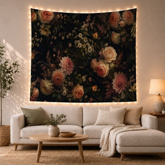 Lush Roses and Dahlias on Dark Background, Romantic Vintage for Plant Lovers, Moody Floral Wall Art, Housewarming Gift Tapestry Wall Hanging for Living Room and Bedroom