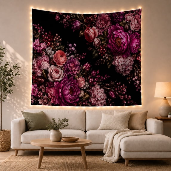 Lush Roses and Peonies on Dark Background, Romantic Vintage for Flower Lovers, Floral Wall Art, Mother's Day Gift, Tapestry Wall Hanging for Bedroom and Living Room