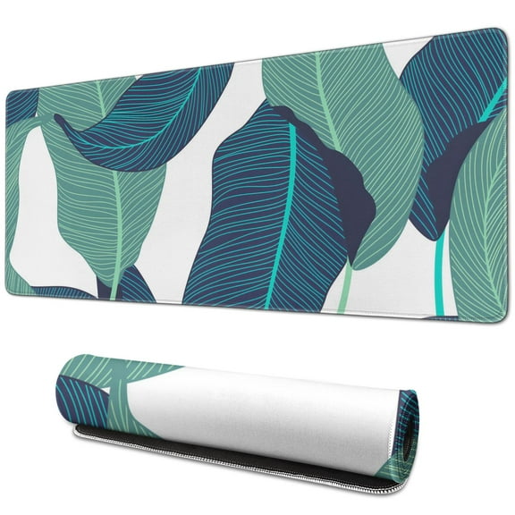 Lush Teal Tropical Leaves XL Gaming Mouse Pad & Desk Pad - Extended, Waterproof with Stitched Edge, Enhance Your Office Work & Gaming Experience - 31.5 x 11.8 Inch