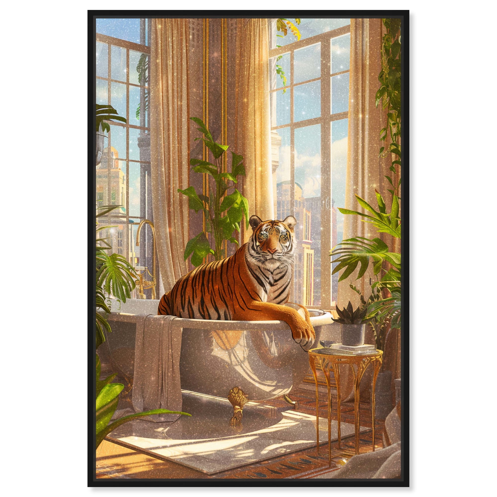 Majestic Tiger in Luxurious Bath Canvas Art with Black Frame