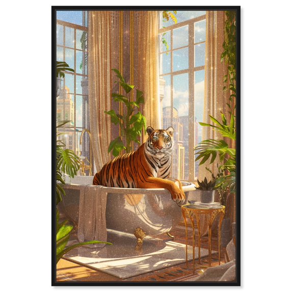Lush Tiger Bath Canvas Jungle Bathroom Art by Art Remedy, Black Frame, 16" x 24"