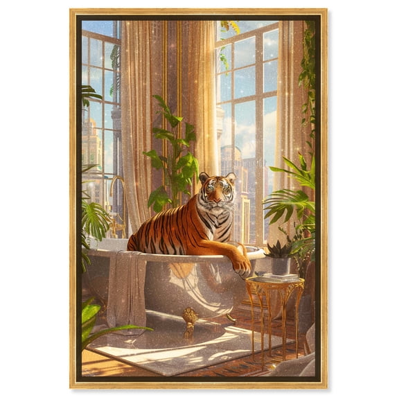 Lush Tiger Bath Canvas Jungle Bathroom Art by Art Remedy, Gold Frame, 36" x 54"