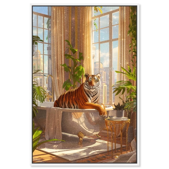Lush Tiger Bath Canvas Jungle Bathroom Art by Art Remedy, White Frame, 10" x 15"