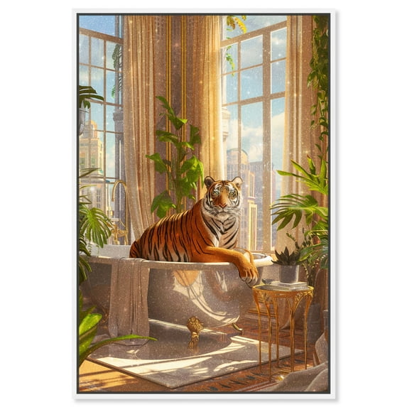 Lush Tiger Bath Canvas Jungle Bathroom Art by Art Remedy, White Frame, 20" x 30"