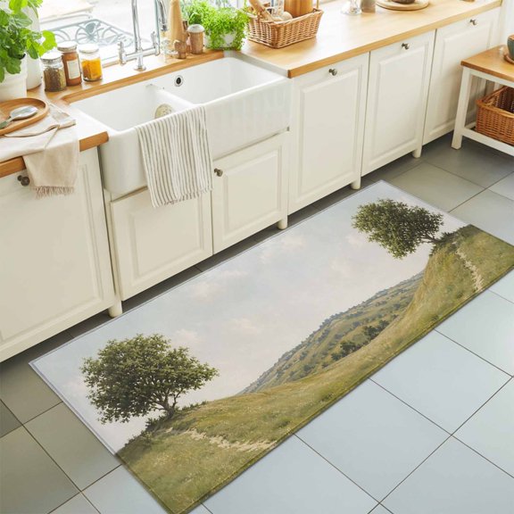 Lush Tree 2'x6' Runner Rugs for Hallway Walkway Kitchen Galley, Rustic Country Green Dirt Path Grassy Hillside Landscape Soft Sturdy Washable Mats Non Slip Long Corridor Area Rug