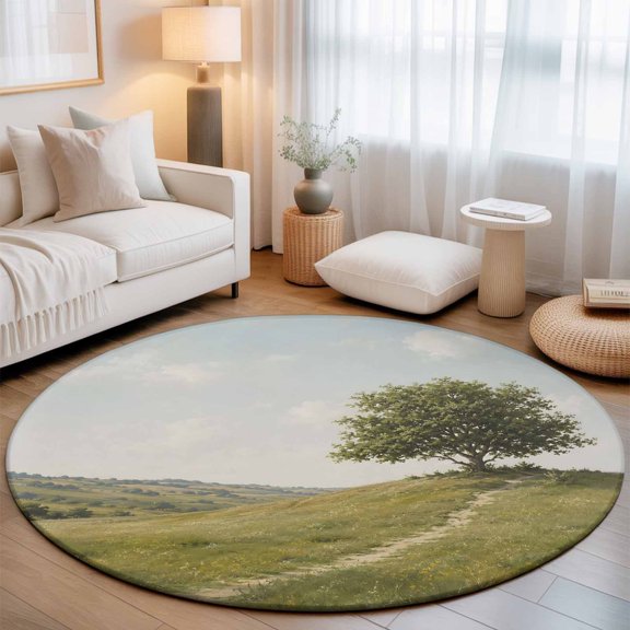 Lush Tree 7' Round Rugs for Living Room Conversation Area, Rustic Country Green Dirt Path Grassy Hillside Landscape Washable Non Slip Large Circle Area Rug Under Dining Table