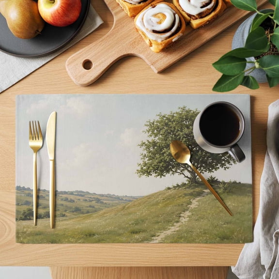 Lush Tree Placemats Set of 1 Rustic Country Green Dirt Path Grassy Hillside Landscape Heat Insulation Washable Place Mats, Non-Slip Table Mats for Dining Table Party Kitchen Decor, 13x19 Inch