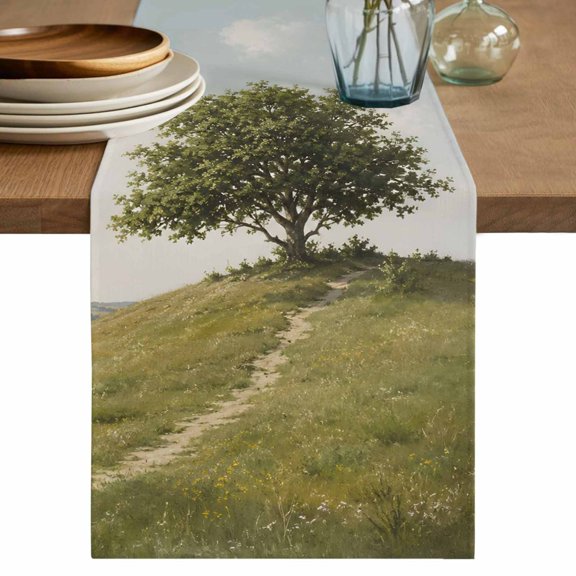 Lush Tree Table Runner, Rustic Country Green Dirt Path Grassy Hillside Landscape Cotton Linen Table Cloth, Tablerunner for Kitchen Dining Party Wedding Home Decor 13x36 Inch