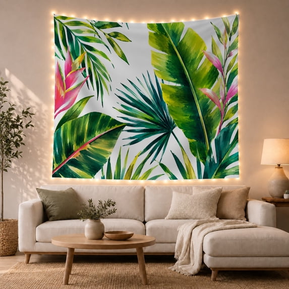 Lush Tropical Botanicals on Off-White Background, Energetic Watercolor Style for Nature Lovers, Vibrant Botanical Wall Art, Housewarming Gift Tapestry Wall Hanging for Living Room and Bedroom