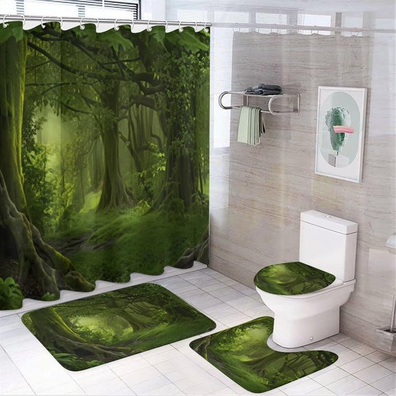 Lush Tropical Forest Waterfall 4 Piece Shower Curtain Set with Non-Slip Rugs, Toilet Lid Cover, Bath Mat Bathroom Decor with 12 Hooks, 72 X 72 Inch