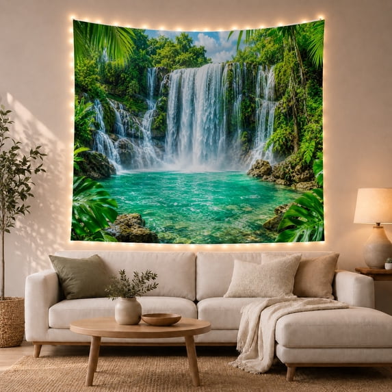 Lush Tropical Waterfall Cascading in a Rainforest Scene, Peaceful Coastal Style for Nature Enthusiasts, Wall Art Home Decor, Housewarming Gift, Tapestry Wall Hanging for Bedroom and Living Room