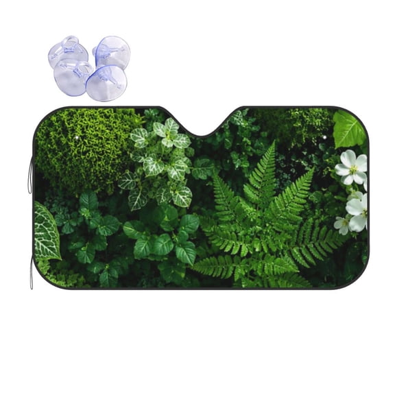Lush Vertical Green Fern White Wildflower Car Windshield Sun Shade, Foldable Front Window Sunshade Uv Block Heat Shield Reflective Sun Visor Protector For Car Truck Suv