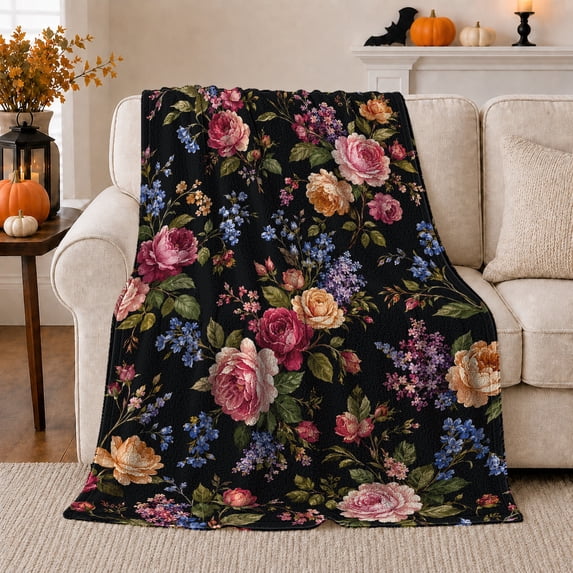 Lush Vintage Floral Arrangement Magenta, Festive Botanical Garden Scene, Warm Flannel Blanket for Sunroom and Reading Nook, Garden Lovers Housewarming Gift, Botanical Home Decor