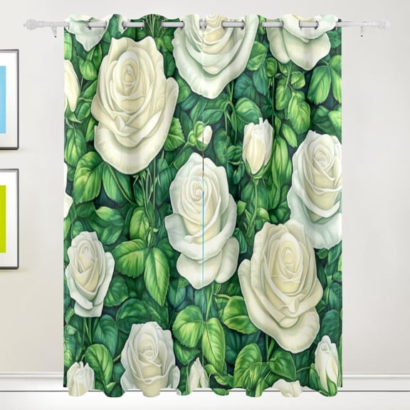Lush White Roses with Green Leaves Blackout Curtains for Living Room Bedroom 55W x 72/84L Insulated Window Drapes 2 Panels