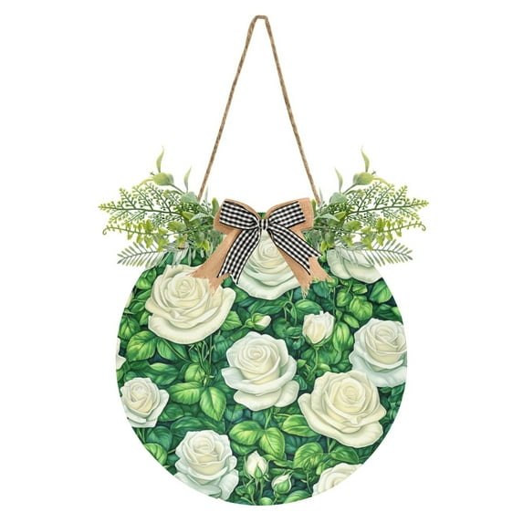 Lush White Roses with Green Leaves Front Door Porch Decoration Hanging Sign with Artificial Green Plants and Bow for Home Outdoor Indoor