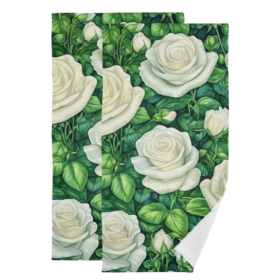 Lush White Roses with Green Leaves Hand Towel Absorbent Bath Towels for Bathroom Sports Gym(28.3" X 14.4") Set of 2
