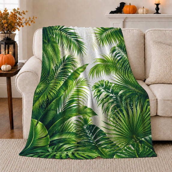 Lush green palm leaves tropical Flannel Blanket for bedroom sunroom living room reading nook Home Decor fresh vibrant botanical jungle art Gift for plant lovers