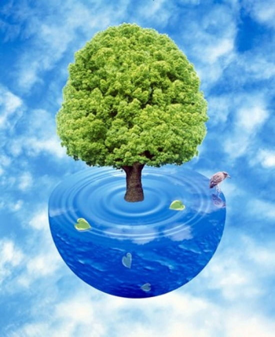 Lush green tree growing from half sphere of blue water and ripples floating in cloudy blue sky Canvas Art - Panoramic Images (30 x 36)