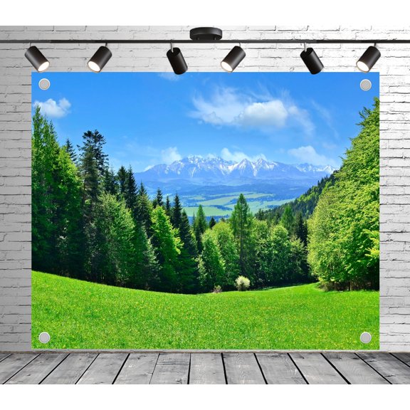 Lush meadow framed forested mountains backdrop | Polyester fabric banner curtain, suitable for themed parties, outings, picnics, celebrations, and studio props