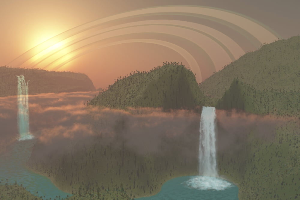 Lush tropical jungle river systems and waterfalls on an alien planet Canvas Art - Corey FordStocktrek Images (34 x 23)