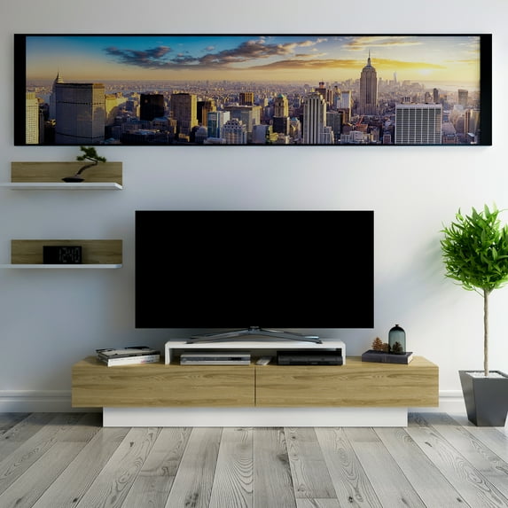 Lusi 71" Modern Wide Rectangle TV Stand, Wood, Melamine Veneer, White & Oud Oak