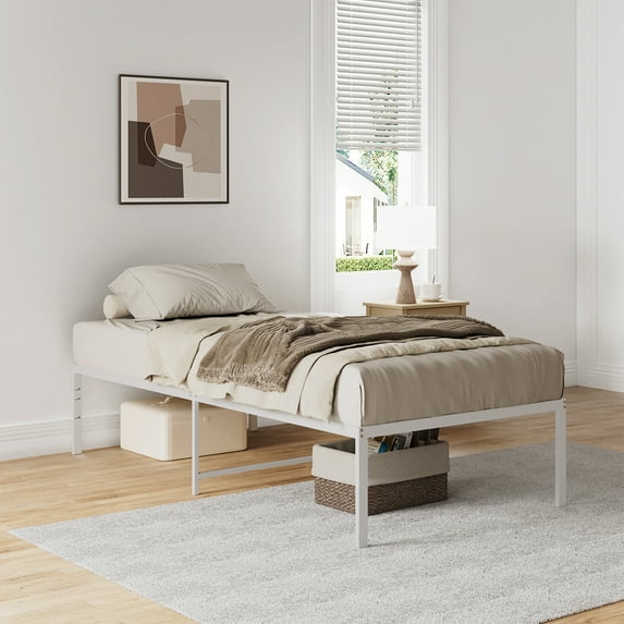 Lusimo 18" High Twin Bed Frame No Box Spring Needed Heavy Duty Steel Slats Metal Platform Bed Frame with Storage Space Under Bed Easy Assembly Noise Free, White
