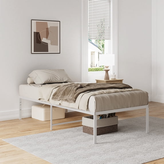 Lusimo 18" High Twin XL Bed Frame No Box Spring Needed Heavy Duty Steel Slats Metal Platform Bed Frame with Storage Space Under Bed Easy Assembly Noise Free, White