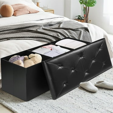 Lusimo 43 Inch Folding Storage Ottoman Bench Faux Leather Foot Rest Stool Toy Box Storage Chest Bedroom Bench with Padded Seat for Living Room, Holds up to 660 lbs, Black