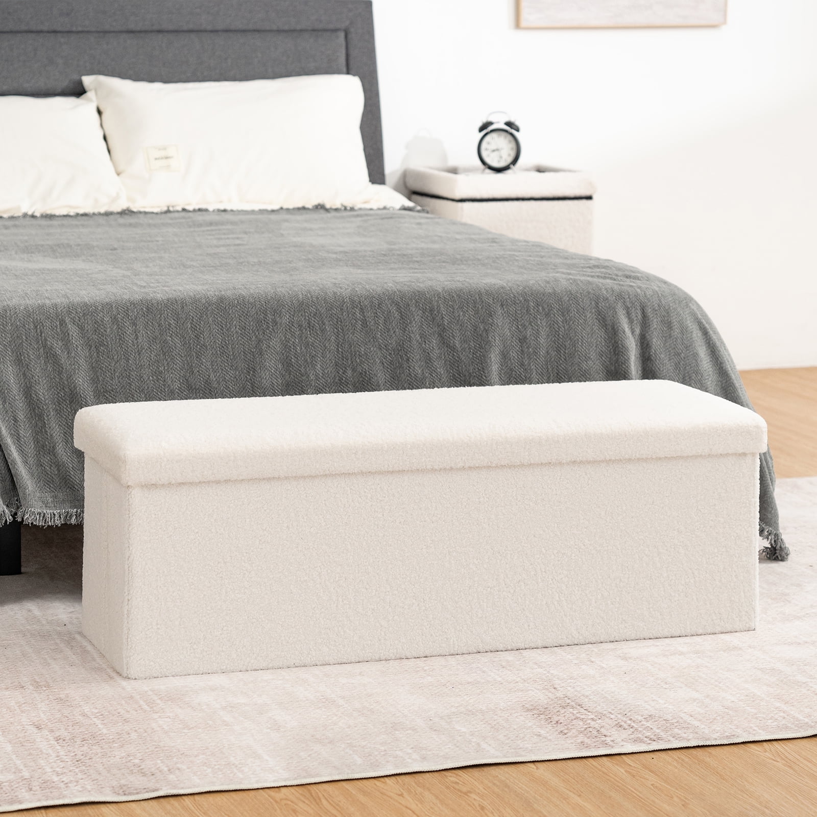 Lusimo Boucle Ottoman Bench with Storage for Living Room, 43" Folding Storage Bench Coffee Table Foot Rest, End of Bed Bench for Bedroom Entryway, Faux Shearling Fabric White