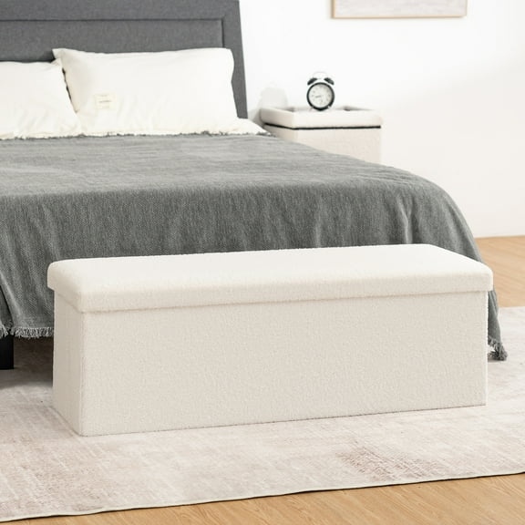Lusimo Boucle ottoman with storage for living room, 43" Folding Storage Ottoman Coffee Table Foot Rest, End of Bed Bench for Bedroom Entryway, Faux Shearling Fabric White