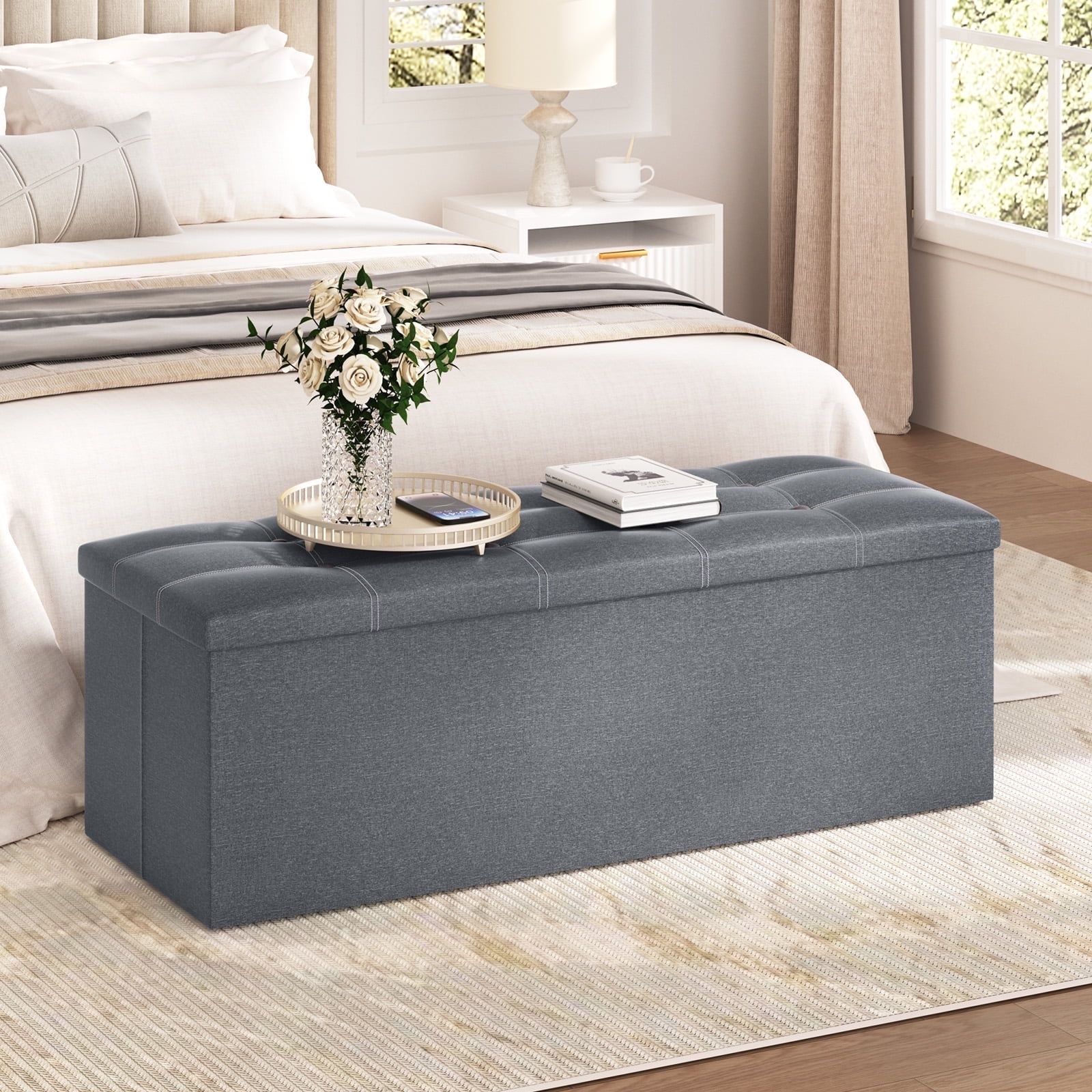 Lusimo 43" Storage Ottoman Bench with Divider, Multifunctional Foot Stool, Toy Chest & Shoe Bench for Bedroom, Living Room, and Entryway, Foldable Storage Chest with Seating, Gray