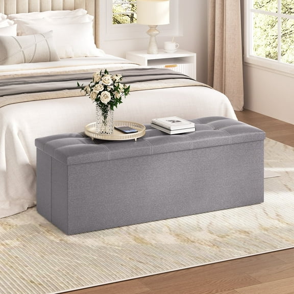 Lusimo 43" Storage Ottoman Bench with Divider, Multifunctional Foot Stool, Toy Chest & Shoe Bench for Bedroom, Living Room, and Entryway, Foldable Storage Chest with Seating, Light Gray