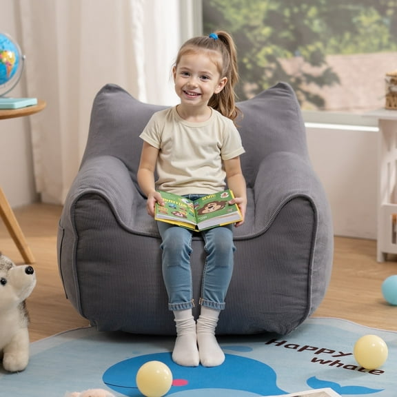 Lusimo Kids Bean Bag Chair, Soft Memory Foam Bean Bag Sofa for Bedrooms, Cat-Ear Design Toddler Couch for Boys, Girls, Lounge Chairs with Pocket for Gaming, Reading, Ages 1.5-8, Gray