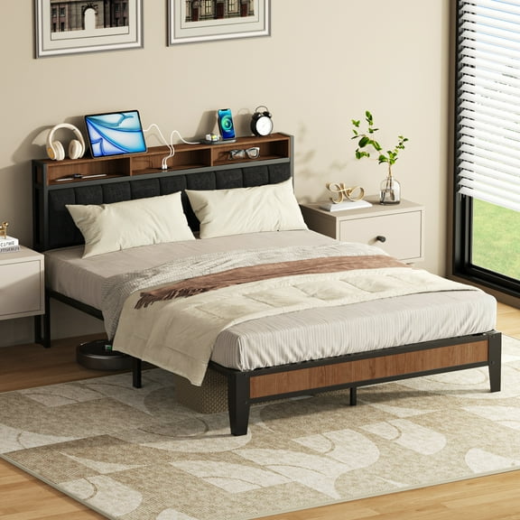 Lusimo Bed Frame Queen, Metal Platform Bed Frame with Fabric Upholstered Headboard and Charging Station No Box Spring Needed Easy Assembly, Black